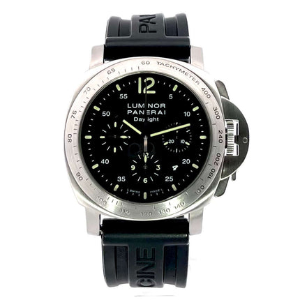 Panerai Luminor Chrono Daylight 44 PAM00250 Herrenuhr, Edelstahlgehäuse, schwarzes Zifferblatt, schwarzes Kautschukband, Chronograph, Automatik, 44 mm