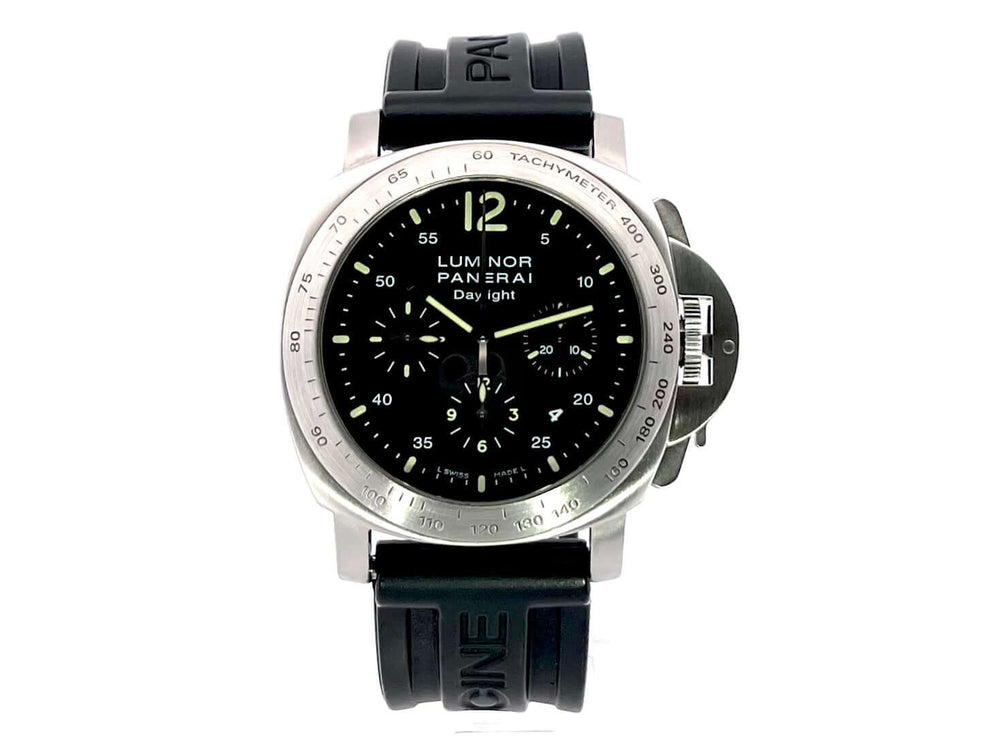 Panerai Luminor Chrono Daylight 44 PAM00250 Herrenuhr, Edelstahlgehäuse, schwarzes Zifferblatt, schwarzes Kautschukband, Chronograph, Automatik, 44 mm