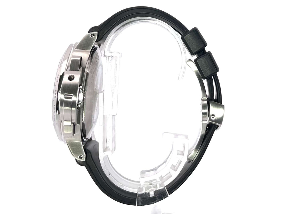 Panerai Luminor Chrono Daylight 44 PAM00250, Seitenansicht, poliertes Edelstahlgehäuse, schwarzes Kautschukband, Automatik-Chronographuhr.