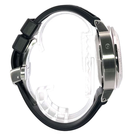 Panerai Luminor Chrono Daylight 44 PAM00250 Seitenansicht mit schwarzem Kautschukband und poliertem Edelstahlgehäuse