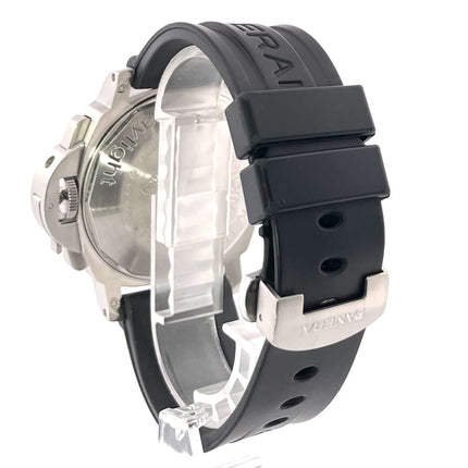 Panerai Luminor Chrono Daylight 44 PAM00250, Edelstahlgehäuse, schwarzes Kautschukband mit Faltschließe, Gehäuserückseite Ansicht