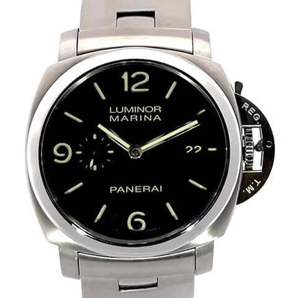 Panerai Luminor 1950 Marina Automatik 3 Days PAM00312, Edelstahlgehäuse, schwarzes Zifferblatt, Edelstahlband, 44mm