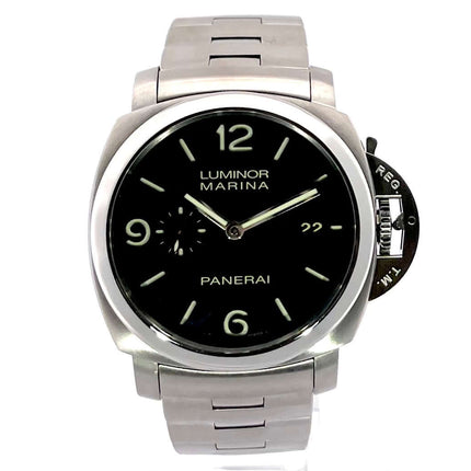 Panerai Luminor 1950 Marina Automatik 3 Days PAM00312 Edelstahlgehäuse, schwarzes Zifferblatt mit fluoreszierenden Markierungen, Edelstahlband