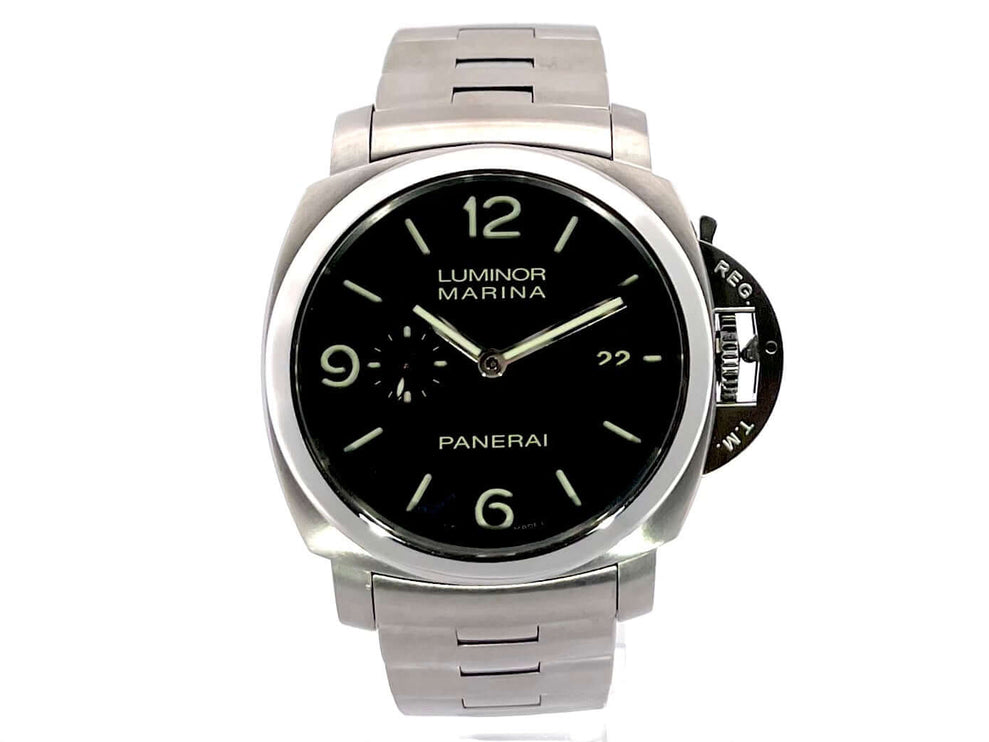 Panerai Luminor 1950 Marina Automatik 3 Days PAM00312 Edelstahlgehäuse, schwarzes Zifferblatt mit fluoreszierenden Markierungen, Edelstahlband