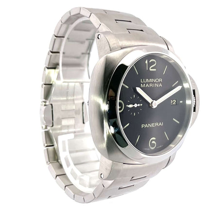 Panerai Luminor 1950 Marina Automatik 3 Days PAM00312 mit schwarzem Zifferblatt und Edelstahlarmband.