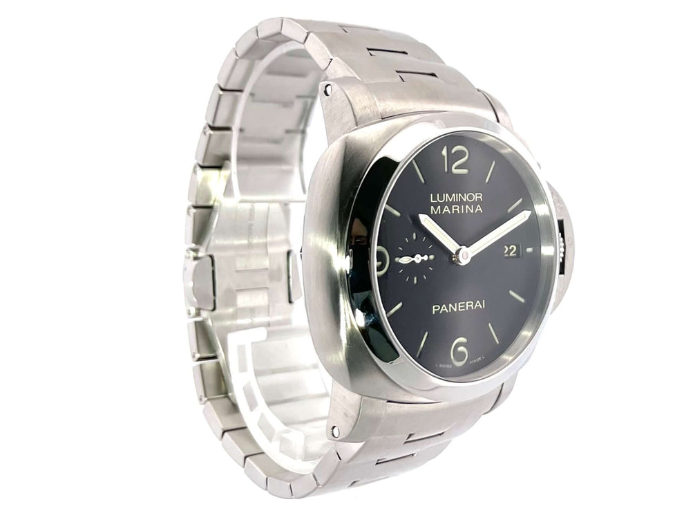Panerai Luminor 1950 Marina Automatik 3 Days PAM00312 mit schwarzem Zifferblatt und Edelstahlarmband.