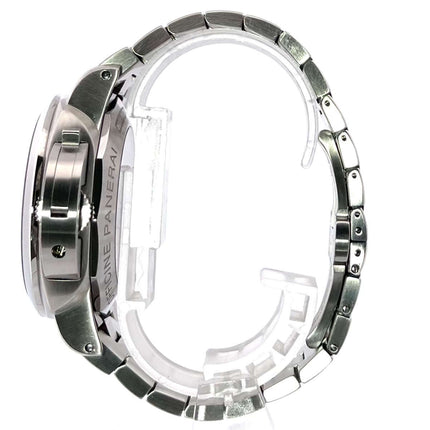 Panerai Luminor 1950 Marina Automatik PAM00312 Seitenansicht, Edelstahl Gehäuse und Armband, seitliche Gravur auf dem Zifferblatt