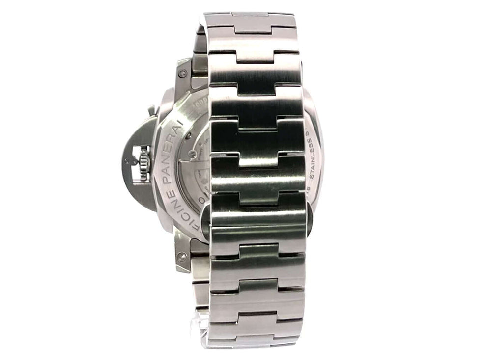 Rückansicht des Panerai Luminor 1950 Marina Automatik 3 Days PAM00312 mit Edelstahlarmband.
