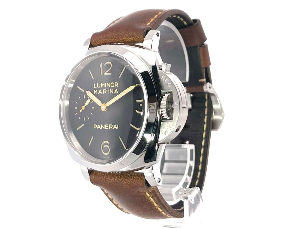Panerai Luminor Marina 1950 3 Days Ref. PAM00422 Edelstahlgehäuse braunes Lederarmband, schwarzes Zifferblatt, arabische Ziffern, Sekundenanzeige