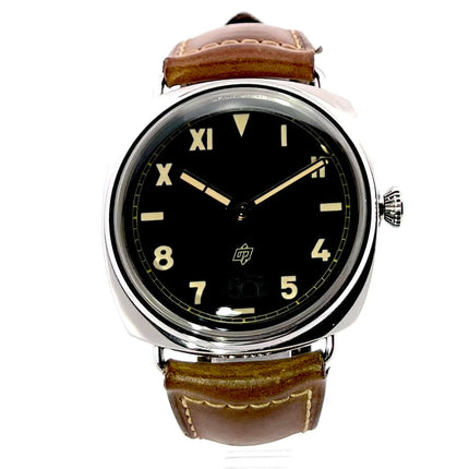 Panerai Radiomir California 3 Days PAM00424 Armbanduhr mit schwarzem Zifferblatt und braunem Lederarmband, Edelstahlgehäuse, 47 mm