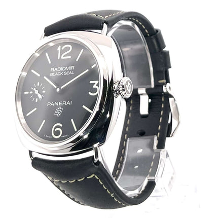 Panerai Radiomir Black Seal 3 Days Acciaio PAM00754 mit poliertem Edelstahlgehäuse und schwarzem Lederarmband, Zifferblatt mit arabischen Ziffern.