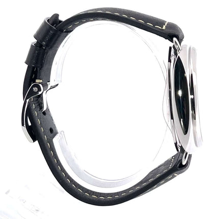 Panerai Radiomir Black Seal 3 Days Acciaio PAM00754 Seitenansicht, poliertes Edelstahlgehäuse, schwarzes Lederarmband mit Dornschließe.