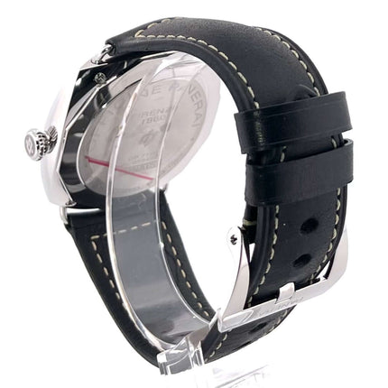 Rückseite der Panerai Radiomir Black Seal 3 Days Acciaio PAM00754 aus poliertem Edelstahl mit schwarzem Lederarmband, Dornschließe in Edelstahl