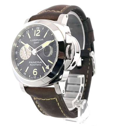 Panerai Luminor GMT Automatic Acciaio PAM01088 Uhr mit braunem Lederband und schwarzem Zifferblatt, Edelstahlgehäuse 44mm, Datumsanzeige