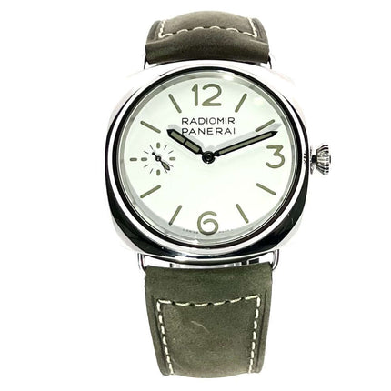 Panerai Radiomir Officine PAM01384, Edelstahlgehäuse, weißes Zifferblatt, khakifarbenes Lederarmband, mechanisches Handaufzugwerk.