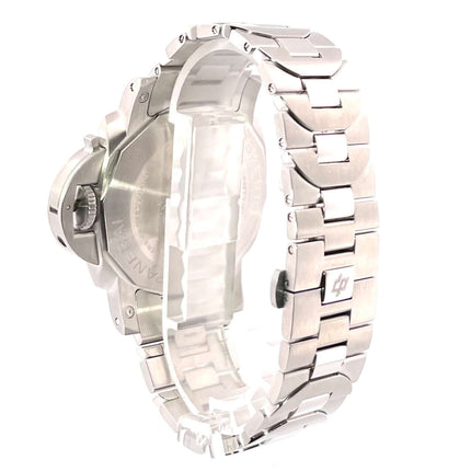 Rückansicht der Panerai Luminor Submersible Blu Notte PAM02068 mit Edelstahlarmband und Faltschließe.