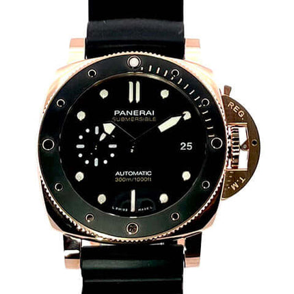 Panerai Submersible Goldtech PAM02164 mit schwarzem Zifferblatt, Keramik-Lünette und schwarzem Kautschukband