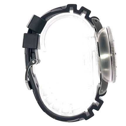 Seitenansicht der Panerai Luminor Submersible Automatic 42 PAM02683 mit schwarzem Kautschukband und Edelstahlgehäuse.