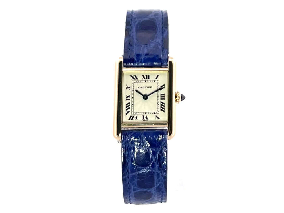 Cartier Tank Louis Cartier W1504953 Uhr mit 18k Gelbgoldgehäuse und blauem Lederband, silbernes Zifferblatt und gebläute Stahlzeiger.
