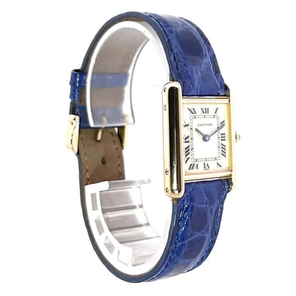 Cartier Tank Louis Cartier W1504953, 18 kt Gelbgold Gehäuse, blaues Lederband, silberfarbenes Zifferblatt, gebrauchte Uhr mit Box