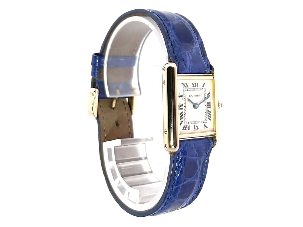 Cartier Tank Louis Cartier W1504953, 18 kt Gelbgold Gehäuse, blaues Lederband, silberfarbenes Zifferblatt, gebrauchte Uhr mit Box
