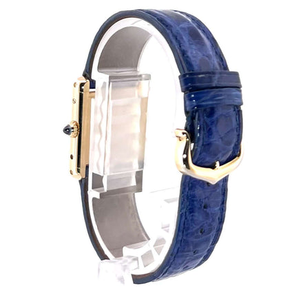Cartier Tank Louis Cartier W1504953 Uhr, blaues Lederarmband und Dornschließe, Seitenansicht, Gebraucht in sehr gutem Zustand.