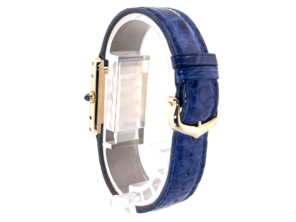 Cartier Tank Louis Cartier W1504953 Uhr, blaues Lederarmband und Dornschließe, Seitenansicht, Gebraucht in sehr gutem Zustand.