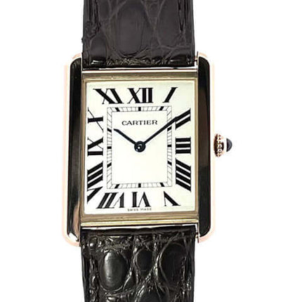 Cartier Tank Solo großes Modell Rosegold W5200025 mit braunem Lederband und silberfarbenem Zifferblatt mit römischen Zahlen