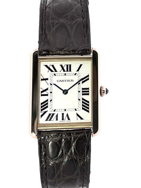 Cartier Tank Solo großes Modell Rosegold W5200025 mit braunem Lederband und silberfarbenem Zifferblatt mit römischen Zahlen