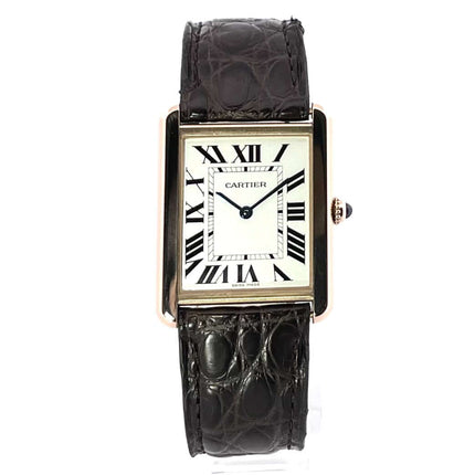 Cartier Tank Solo W5200025 großes Modell, 18 kt Roségoldgehäuse, braunes Lederband, silberfarbenes Zifferblatt, Quarzwerk, Saphirglas