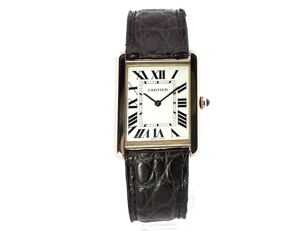 Cartier Tank Solo W5200025 großes Modell, 18 kt Roségoldgehäuse, braunes Lederband, silberfarbenes Zifferblatt, Quarzwerk, Saphirglas