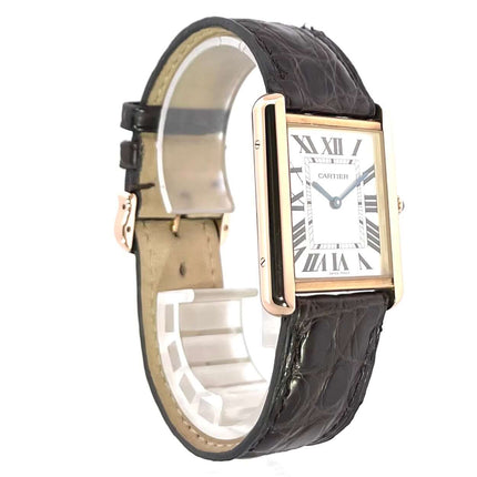 Cartier Tank Solo großes Modell Rosegold W5200025, braunes Lederband, silberfarbenes Zifferblatt, Quarzwerk, luxuriöse Herrenuhr