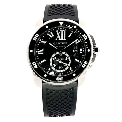 Cartier Calibre de Cartier Diver WSCA0012 Uhr mit schwarzem Zifferblatt und Kautschukarmband, Edelstahlgehäuse, Datumsanzeige bei 3 Uhr