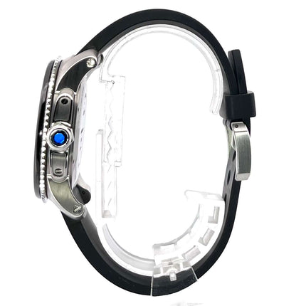 Seite des Cartier Calibre de Cartier Diver WSCA0012 mit Edelstahlgehäuse und schwarzem Kautschukarmband