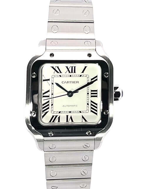 Cartier Santos de Cartier Medium WSSA0010 mit Edelstahlgehäuse und Armband, silberfarbenes Zifferblatt, römische Ziffern, Quickswitch-Armband