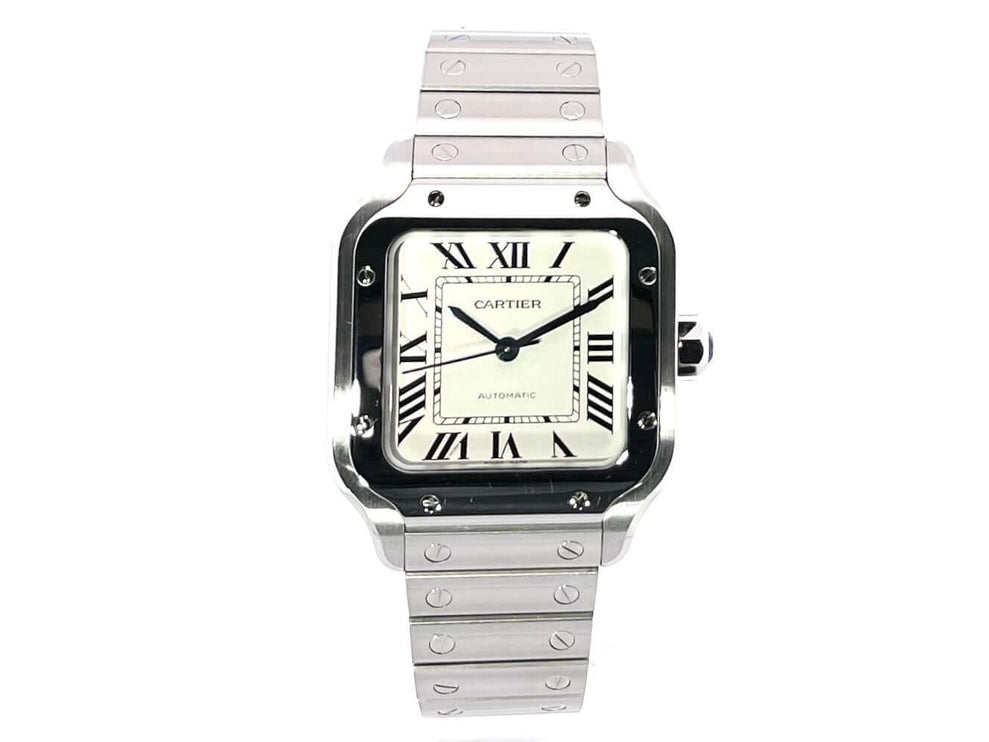 Cartier Santos de Cartier Medium WSSA0010 Edelstahl Herrenuhr mit silberfarbenem Zifferblatt und poliertem Edelstahlarmband.