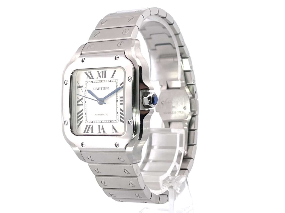 Cartier Santos de Cartier Medium WSSA0010 Edelstahl Armbanduhr 2021 mit silberfarbenem Zifferblatt und gebläuten Zeigern