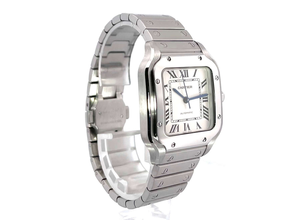 Cartier Santos de Cartier Medium WSSA0010 Edelstahlarmband mit silberfarbenem Zifferblatt und gebläuten Zeigern, polierter Lünette, seitliche Ansicht