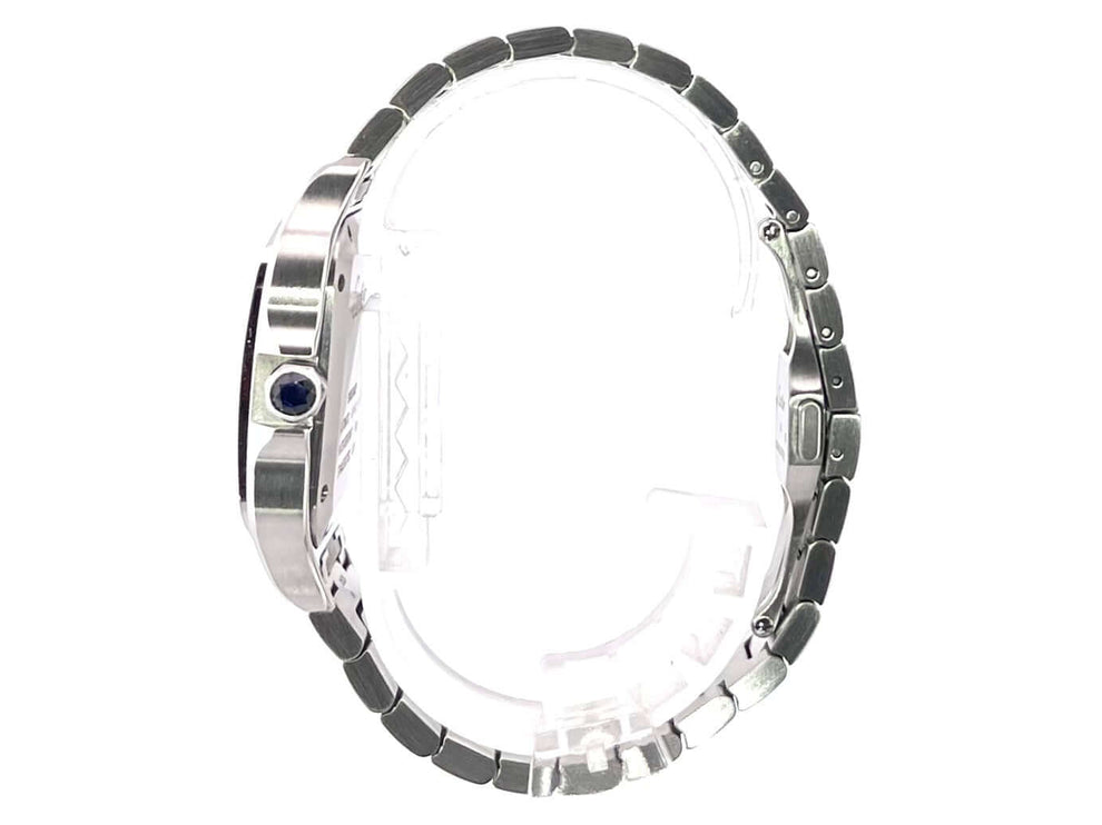Seitenansicht der Cartier Santos de Cartier Medium WSSA0010 mit poliertem Edelstahlgehäuse und satinierter Edelstahlarmband.
