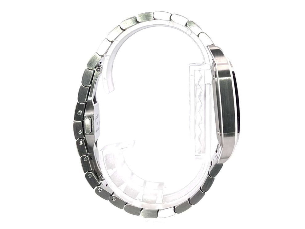 Cartier Santos de Cartier Medium WSSA0010 seitliche Ansicht des Edelstahlgehäuses und Edelstahlbands mit Doppelfaltschließe