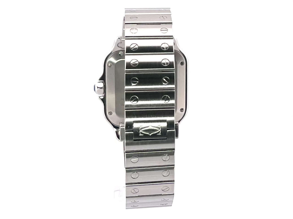 Rückansicht des Cartier Santos de Cartier Medium WSSA0010 mit satiniertem Edelstahlband und Doppelfaltschließe.