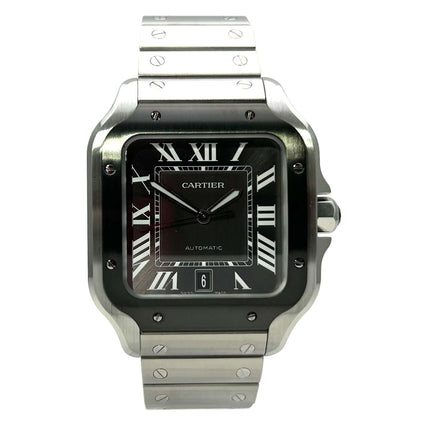 Cartier Santos de Cartier großes Modell WSSA0037 aus Edelstahl mit schwarzem Zifferblatt und poliertem Edelstahlband.