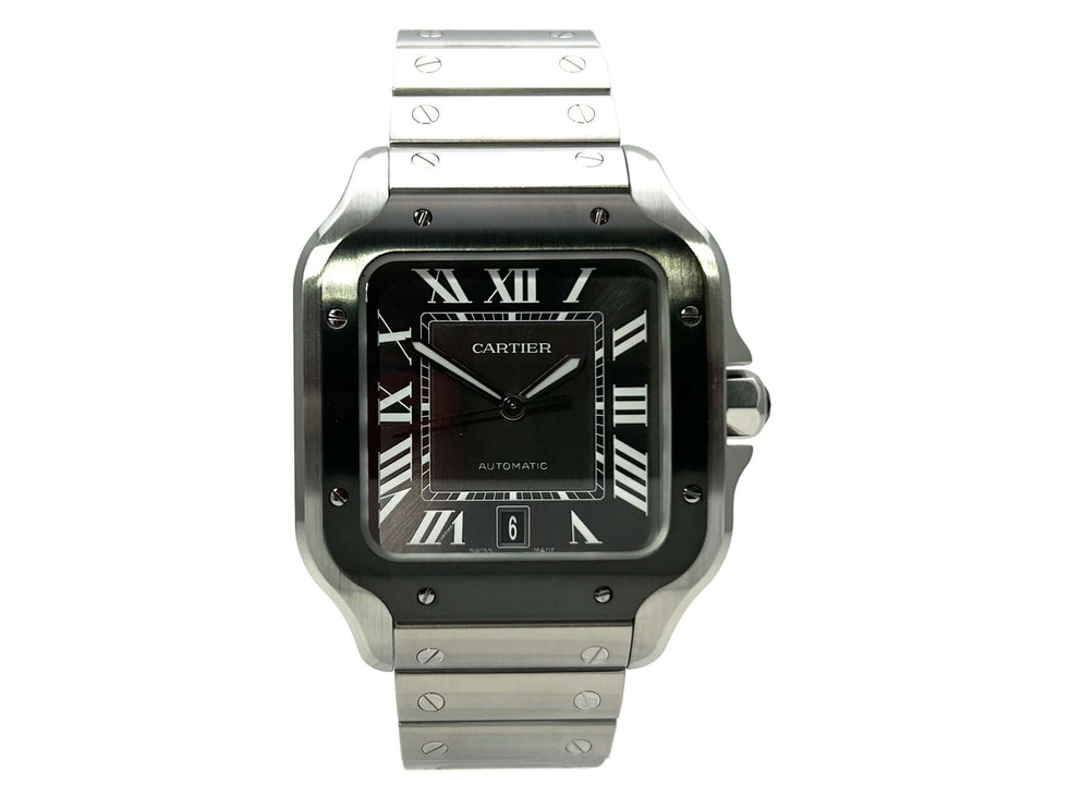 Cartier Santos de Cartier großes Modell WSSA0037 aus Edelstahl mit schwarzem Zifferblatt und poliertem Edelstahlband.