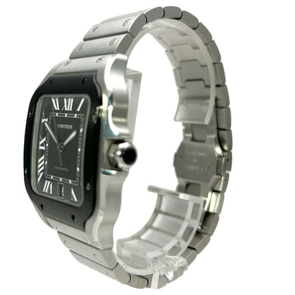 Cartier Santos de Cartier großes Modell WSSA0037 aus Edelstahl mit schwarzem Zifferblatt, poliertes und satiniertes Gehäuse, Edelstahlband.