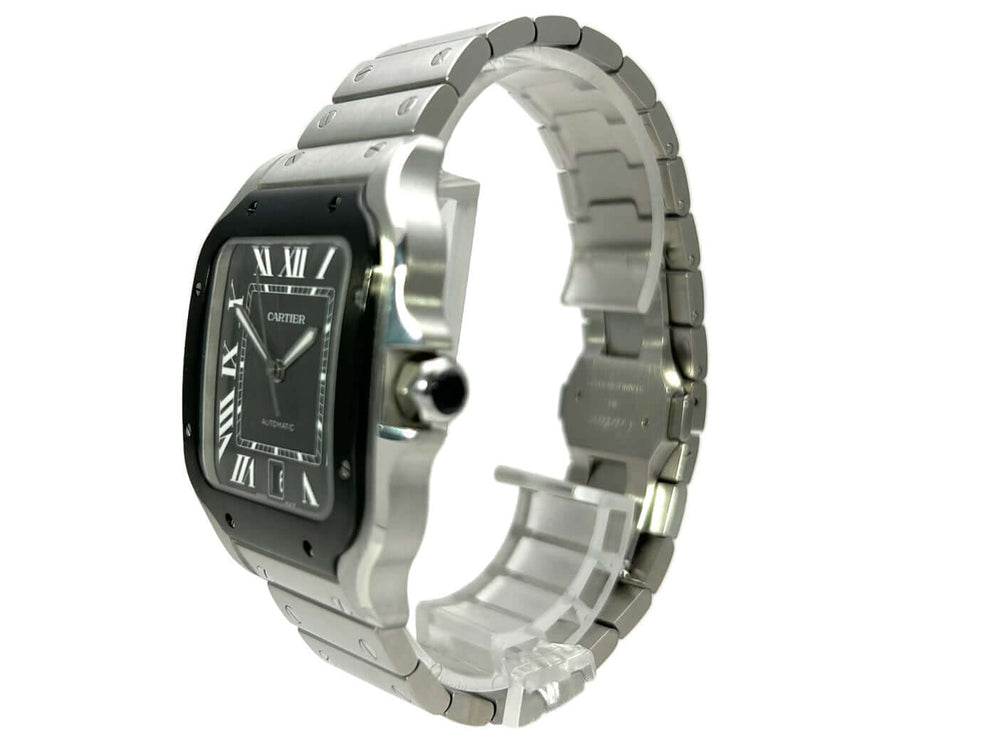 Cartier Santos de Cartier großes Modell WSSA0037 aus Edelstahl mit schwarzem Zifferblatt, poliertes und satiniertes Gehäuse, Edelstahlband.