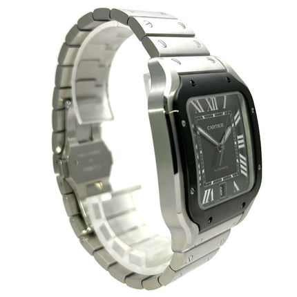 Cartier Santos de Cartier großes Modell WSSA0037 Edelstahl Uhr mit DLC-Beschichtung und schwarzem Zifferblatt, seitliche Ansicht