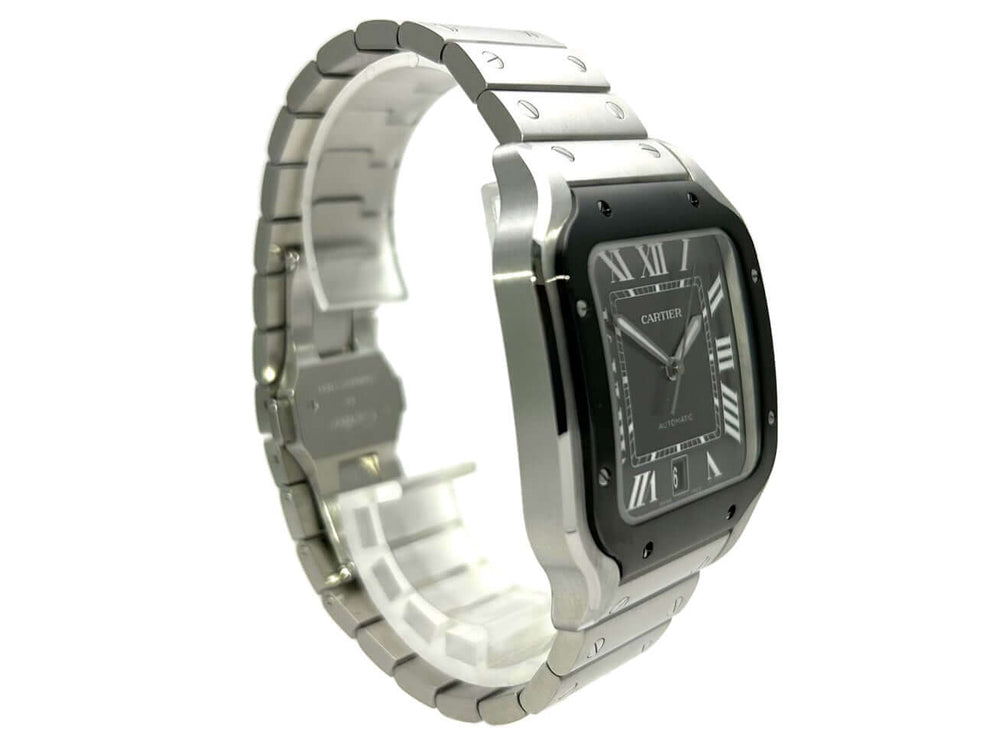 Cartier Santos de Cartier großes Modell WSSA0037 Edelstahl Uhr mit DLC-Beschichtung und schwarzem Zifferblatt, seitliche Ansicht