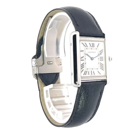 Cartier Tank Solo kleines Modell WSTA0030, Edelstahlgehäuse, schwarzes Lederband, silbernes Zifferblatt mit Zeigern aus gebläutem Stahl, Quarzwerk