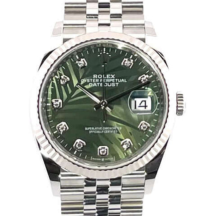 Rolex Datejust 36 Oystersteel Weißgold 126234, olivgrünes Palmenmuster-Zifferblatt mit Diamanten, Jubile-Band Uhr