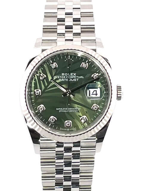 Rolex Datejust 36 Oystersteel Weißgold 126234, olivgrünes Palmenmuster-Zifferblatt mit Diamanten, Jubile-Band Uhr